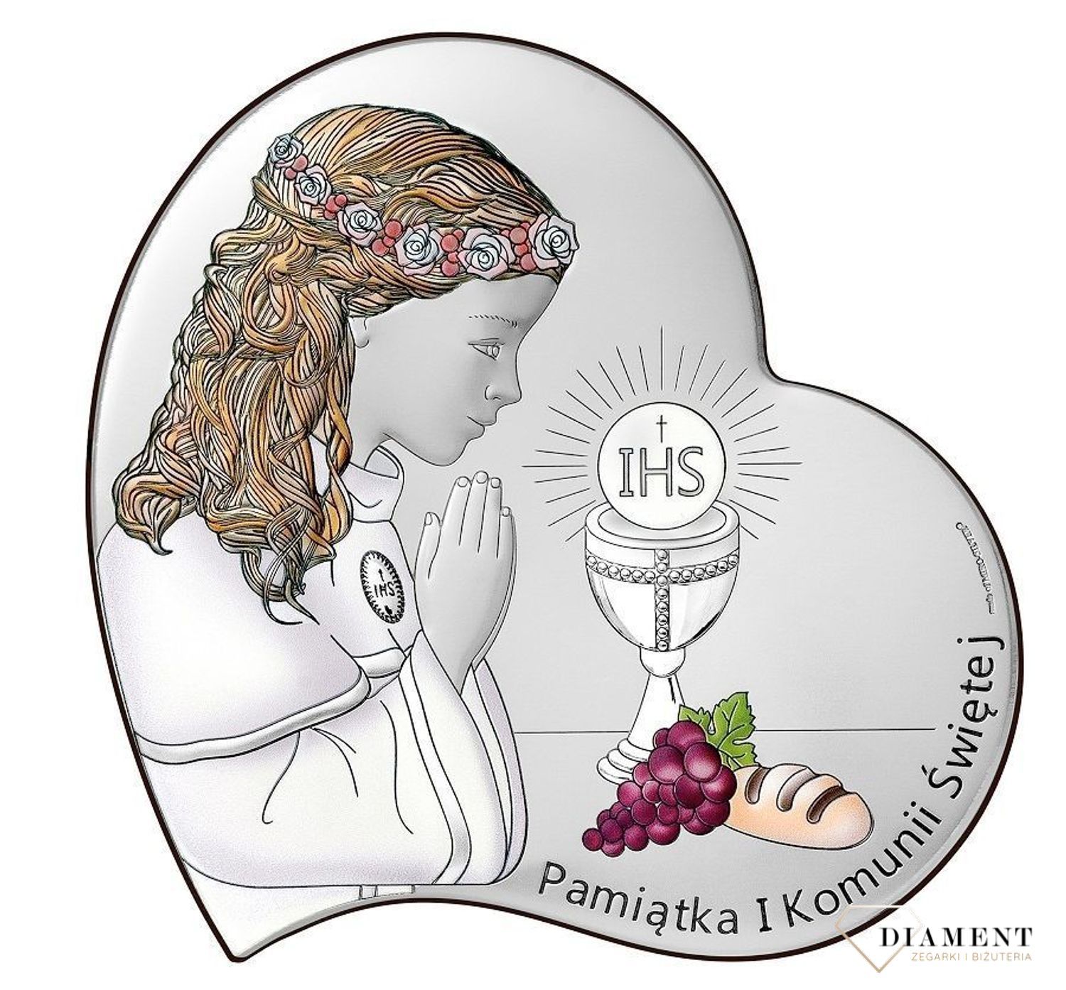 Obrazek srebrny Pierwsza Komunia Święta dla dziewczynki kolorowy 6746.1 COL. Pamiątka I komunii Świętej. Obrazek srebrny kolorowy z grawerem na komunie..jpg